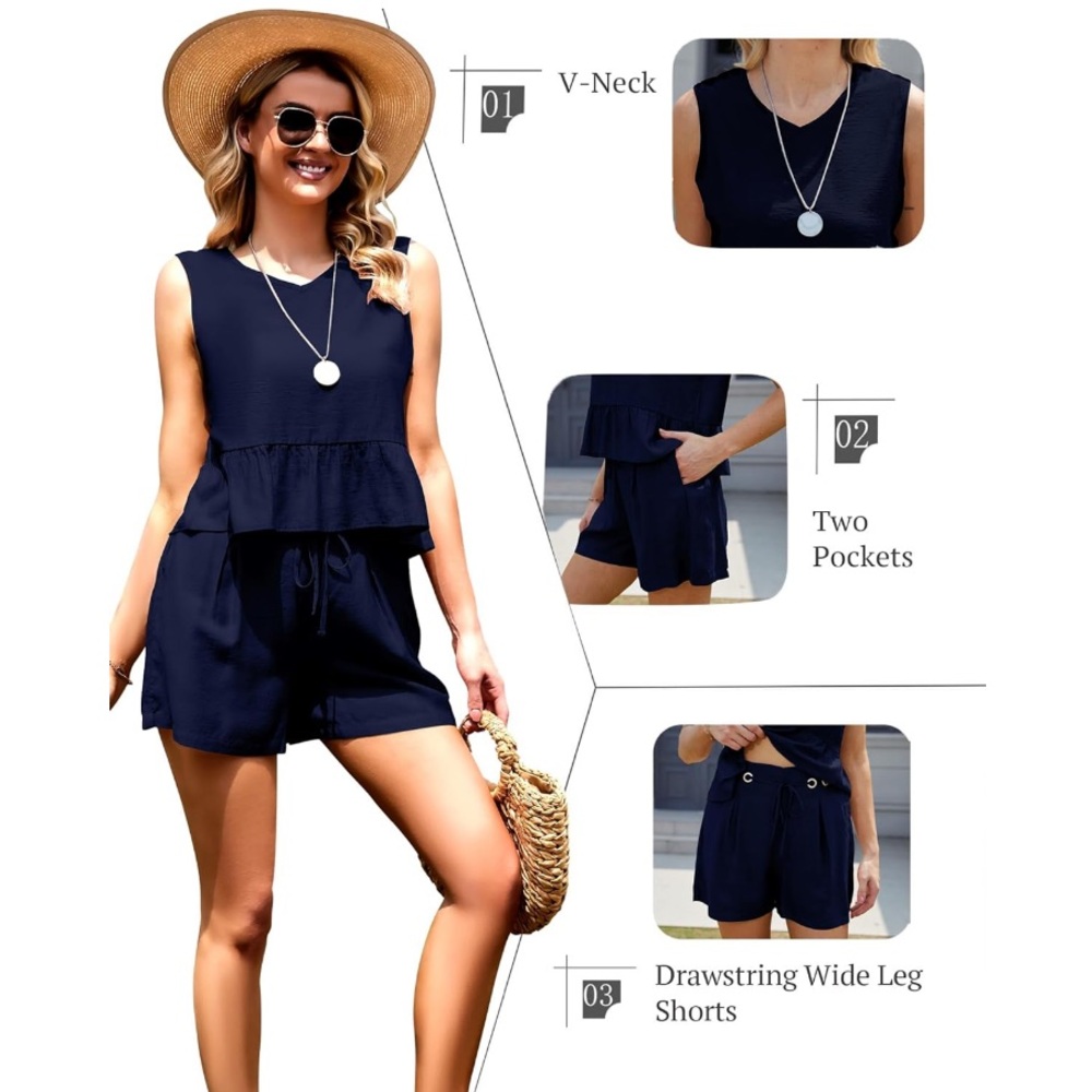 Women 2 Piece Set, Tank Top and Drawstring Shorts, Navy, Medium - Picture 9 of 9